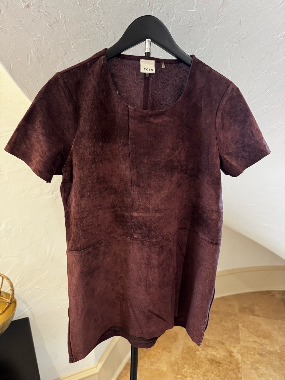 ecru Women's Short-Sleeve Suede Leather Tunic Top - Chocolate Brown Burgundy